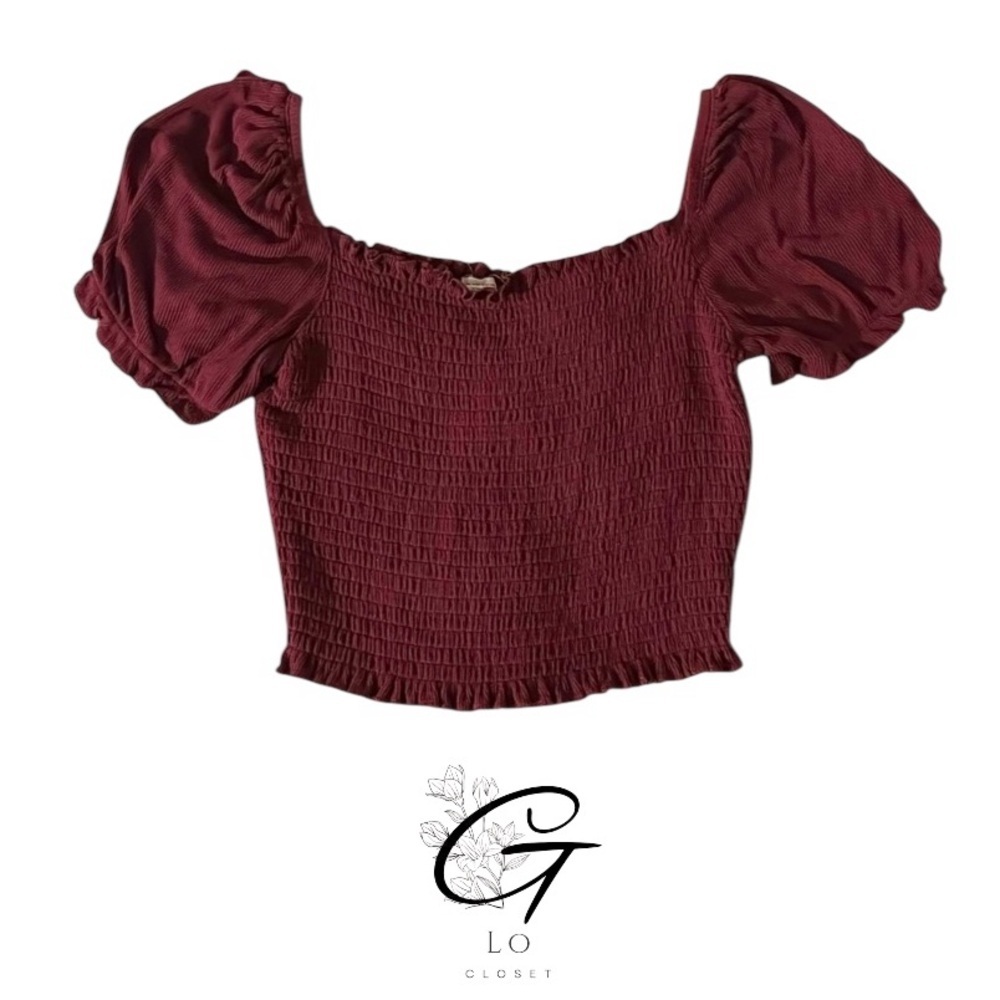 Garage Burgundy Crop Top With Puff Sleeves